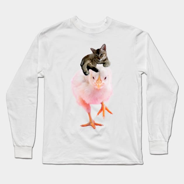 Cute Kitten Riding Baby Chicken Long Sleeve T-Shirt by TammyWinandArt